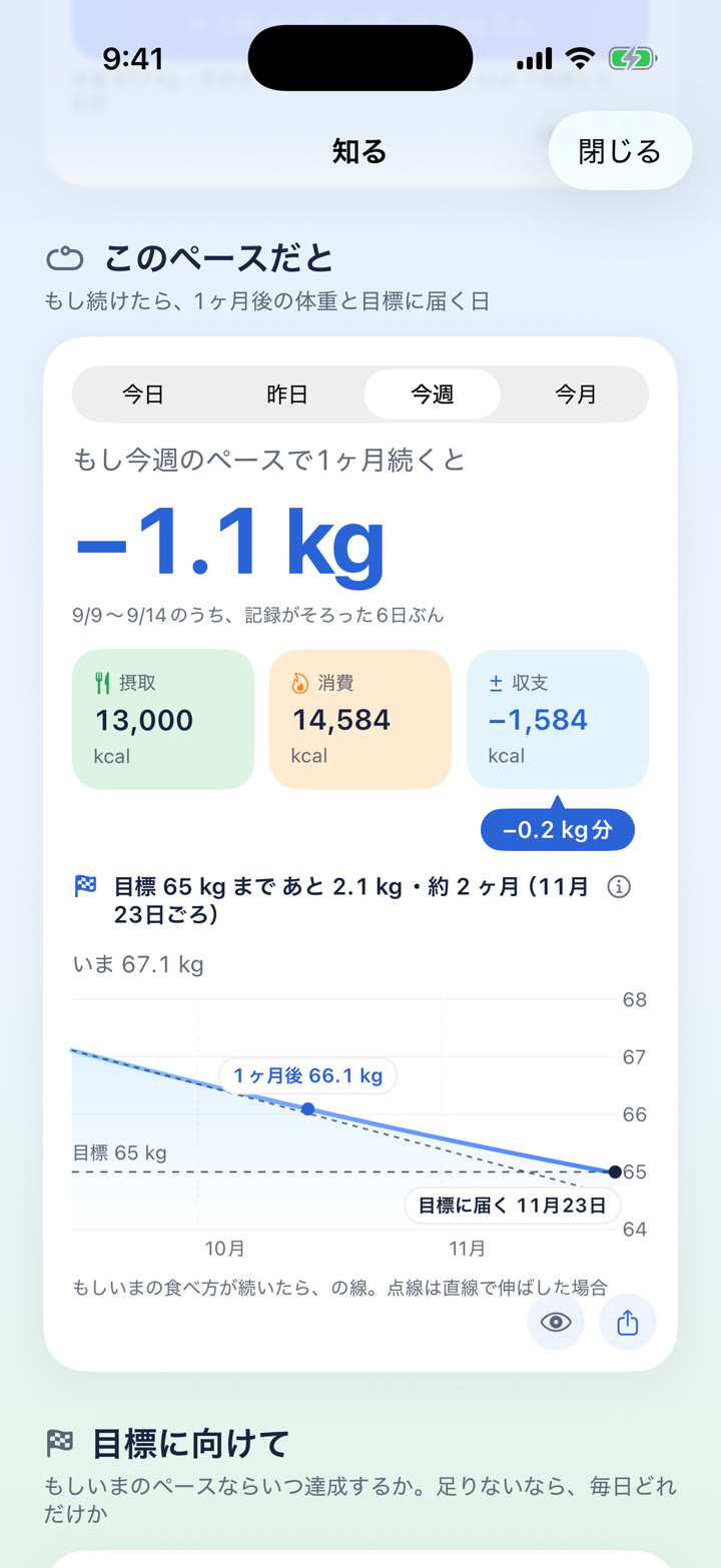 この先の体重の見通しの画面